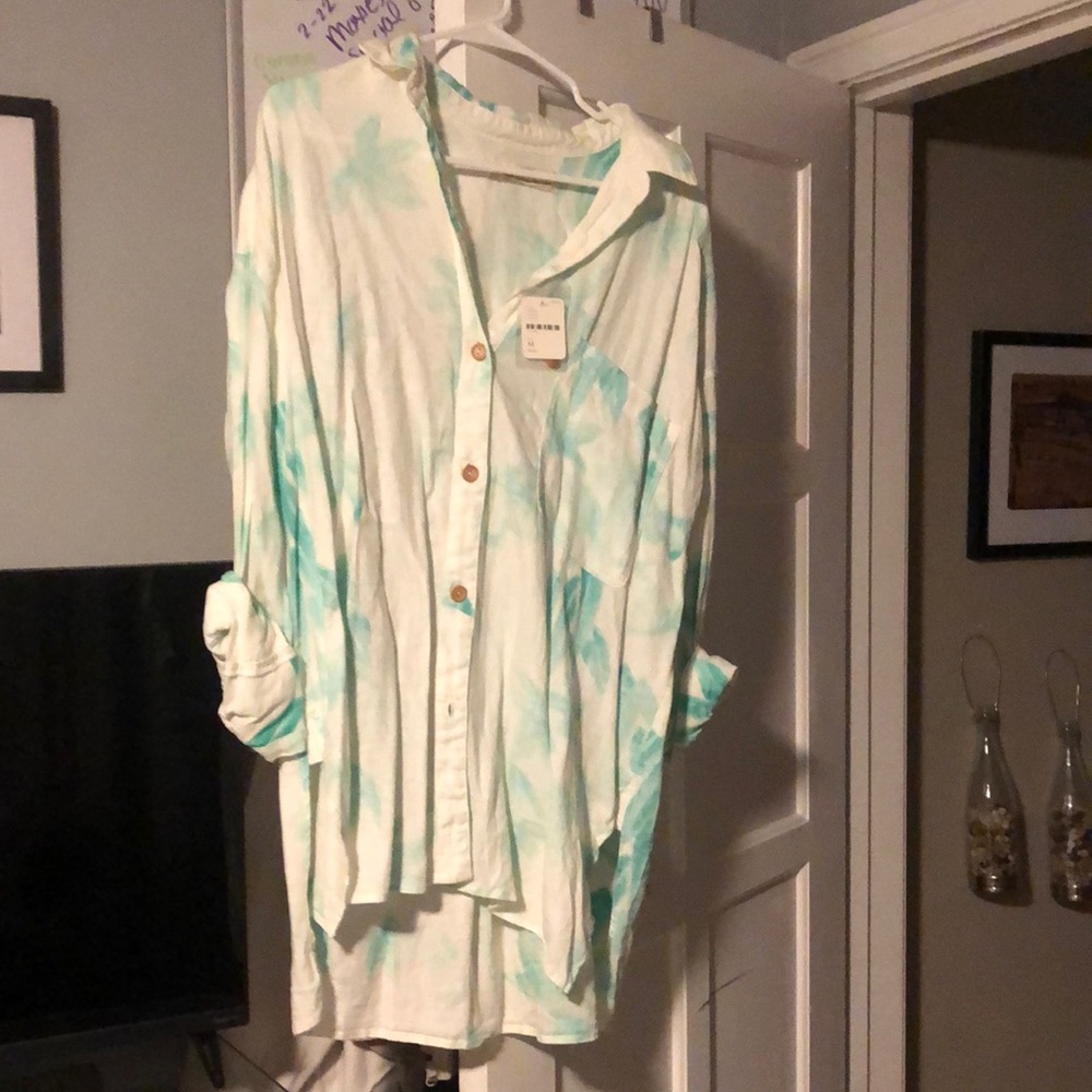 White and aqua long relaxed button down.